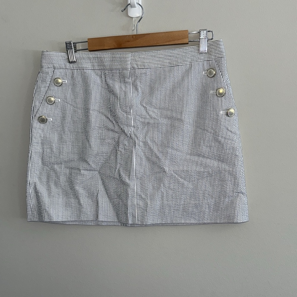 J. Crew Striped Seersucker Skirt with gold button details.